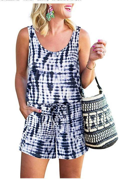 Women Casual Summer Vacation Solid Color U Neck Drawstring Loose Sleeveless Rompers