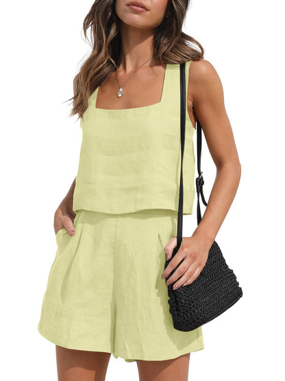 Women Summer Vacation Casual Solid Linen Tank Top And Loose Shorts Set