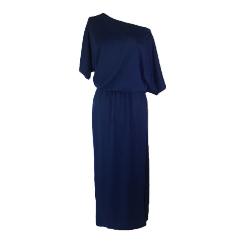 Women Casual Basic Solid Color Short Sleeve Summer Oblique Shoulder Side-slit Pocket Loose Dress