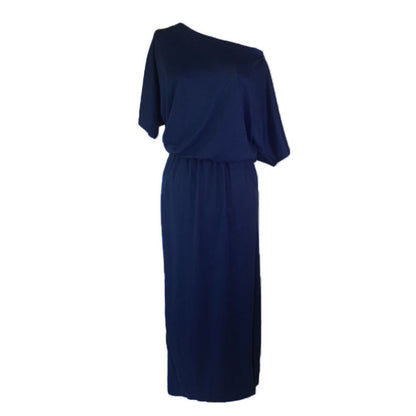 Women Casual Basic Solid Color Short Sleeve Summer Oblique Shoulder Side-slit Pocket Loose Dress