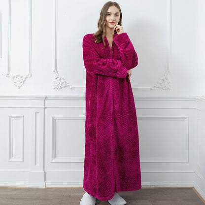 Couples Winter Fashion Casual Home Solid Color Flannel V Neck Long Sleeve Zipper Robes Sleepwear