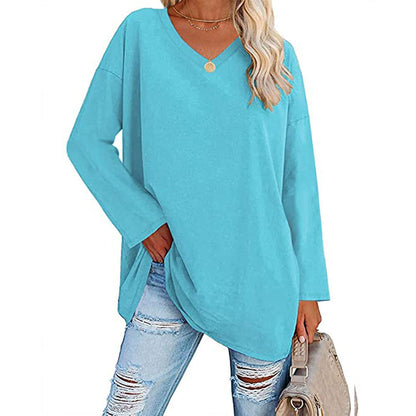 Camiseta informal de manga larga con cuello en V y color liso para mujer
