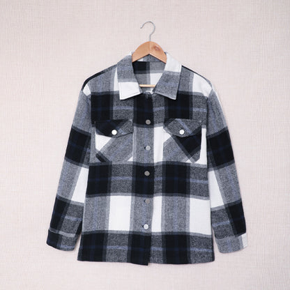 Abrigo informal con solapa y estampado a cuadros para mujer, otoño e invierno
