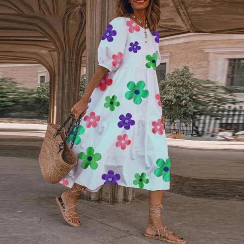 Summer Women Casual Bohemian Short Sleeves Polka Dot Print Loose Ruffle Dress