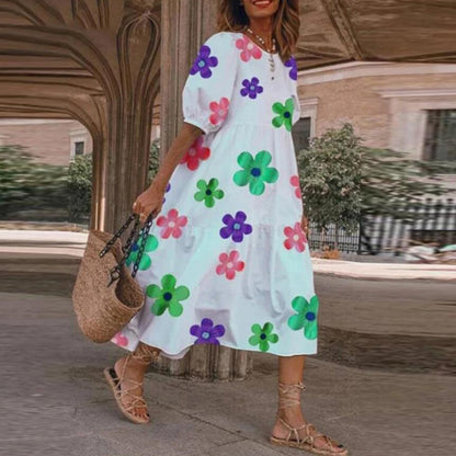 Summer Women Casual Bohemian Short Sleeves Polka Dot Print Loose Ruffle Dress
