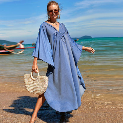 Women Polyester Loose Robe Vacation Casual Beach Swimwear Solid Color Coveruo Dress
