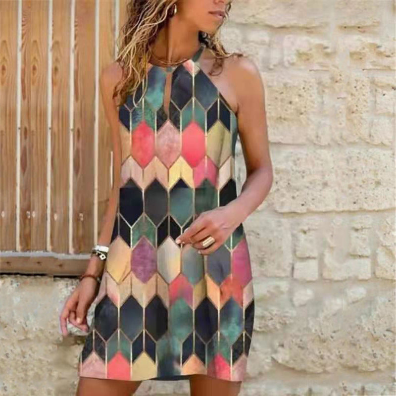 Vestido informal bohemio con cuello halter y estampado floral para mujer, talla grande