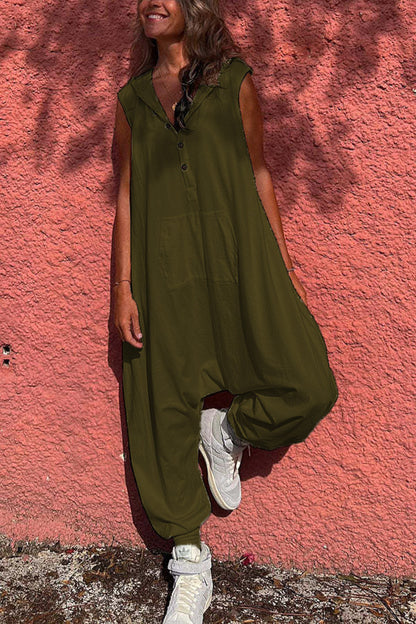 Women'S Fashion Solid Color Casual Hooded Single-Breasted Loose Jumpsuits