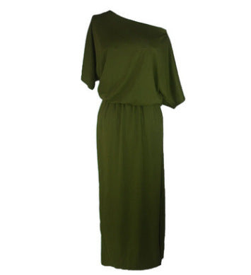 Women Casual Basic Solid Color Short Sleeve Summer Oblique Shoulder Side-slit Pocket Loose Dress