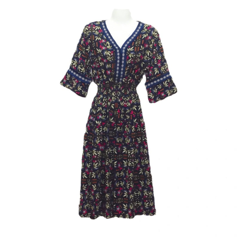 Vestido midi holgado informal de verano con cuello en V y mangas acampanadas para mujer