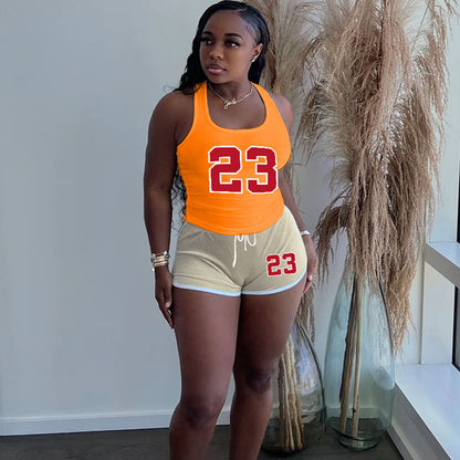 Conjunto de 2 piezas de camiseta sin mangas con cuello redondo y pantalones cortos holgados con estampado digital de color sólido informal para mujer