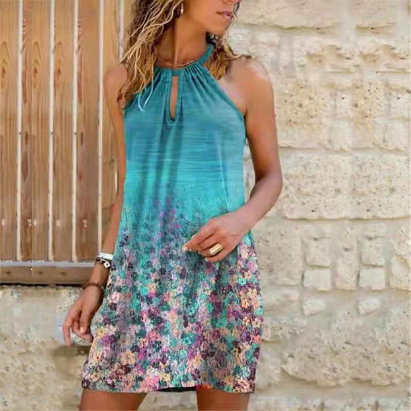 Vestido informal bohemio con cuello halter y estampado floral para mujer, talla grande