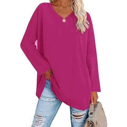Camiseta informal de manga larga con cuello en V y color liso para mujer