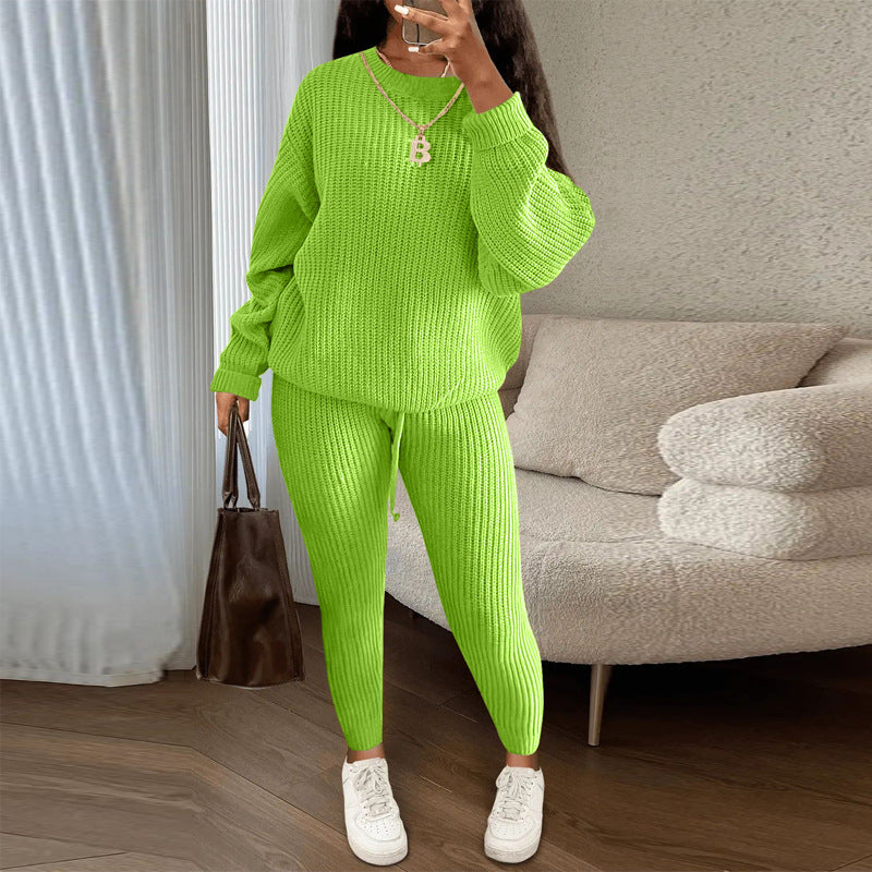 Fashion Casual Women Solid Color Knitted Long Sleeve Sweater And Pants Set