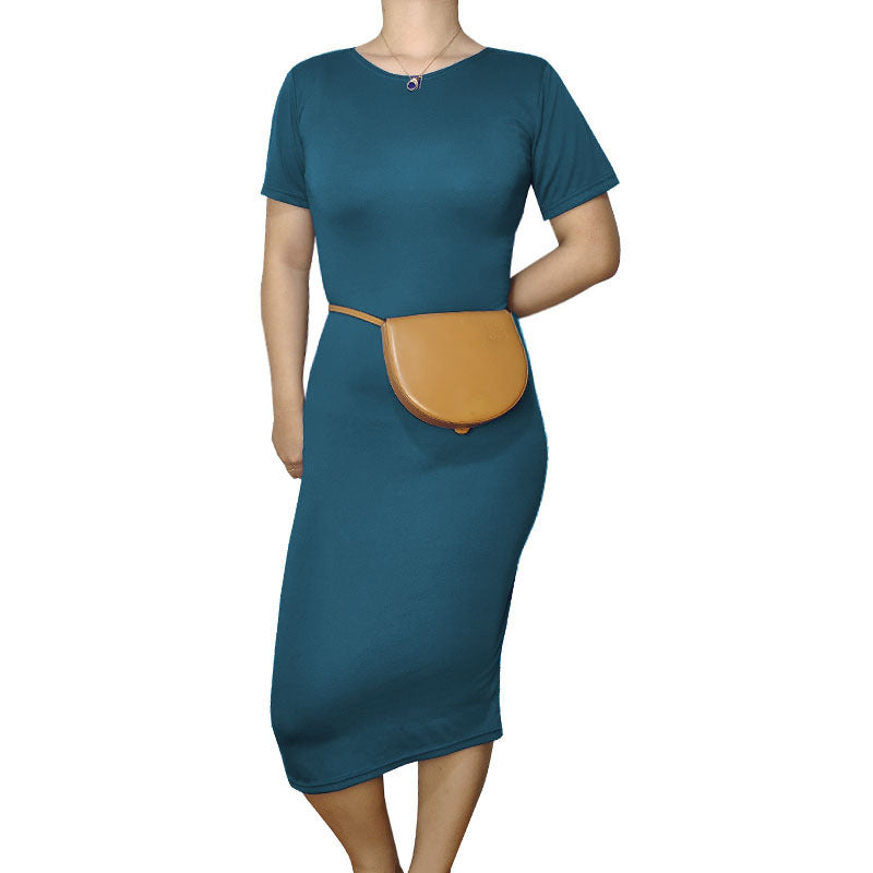 Vestido midi informal básico de manga corta en color liso para mujer