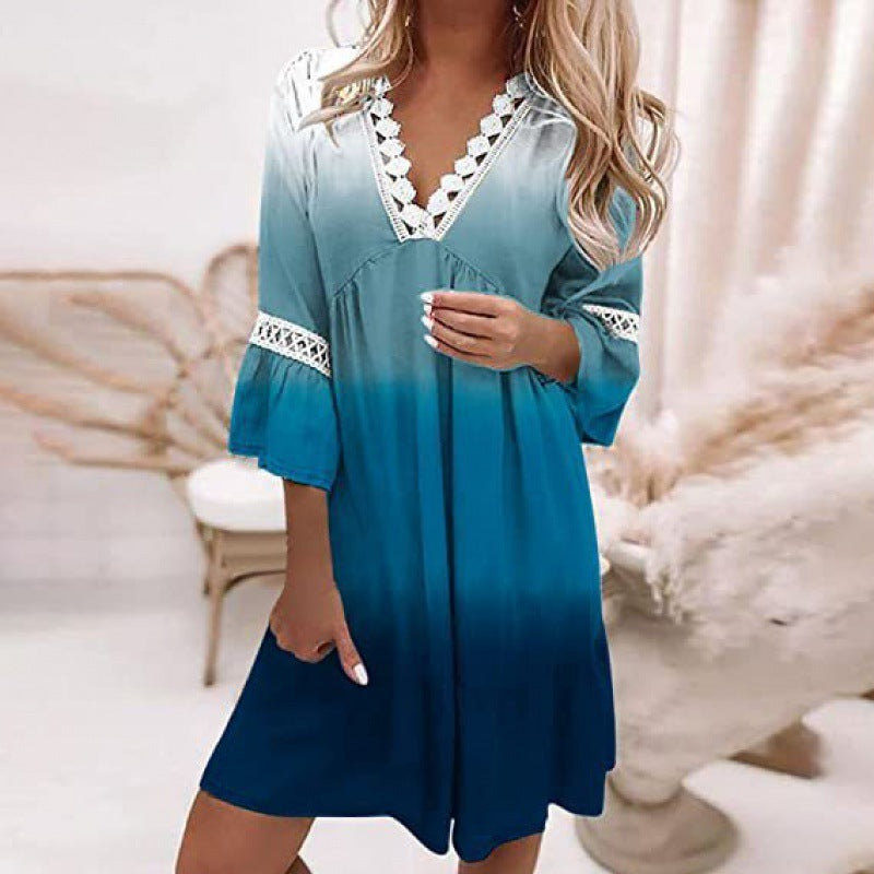 Women Elegant Bohemian V-Neck Floral Printed Lace Patchwork Casual Dress