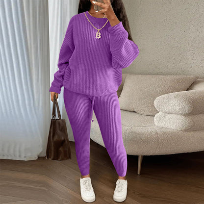 Fashion Casual Women Solid Color Knitted Long Sleeve Sweater And Pants Set
