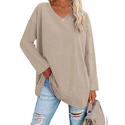 Camiseta informal de manga larga con cuello en V y color liso para mujer