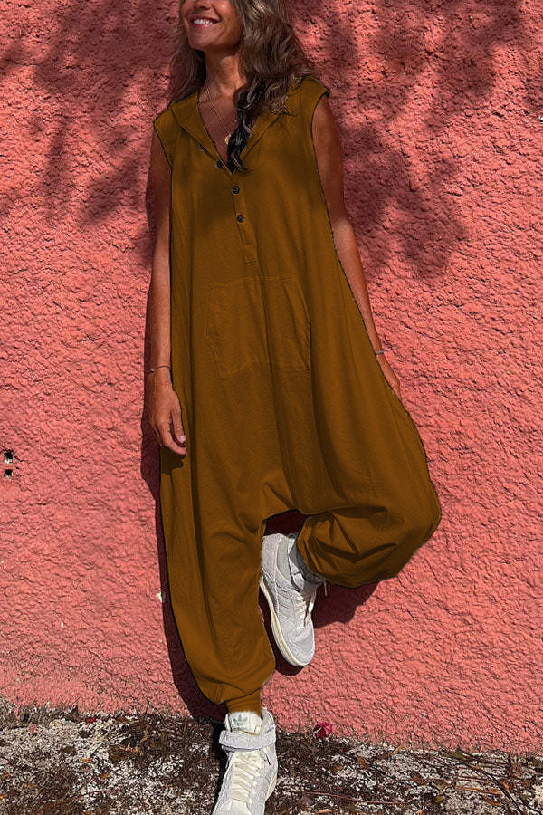Women'S Fashion Solid Color Casual Hooded Single-Breasted Loose Jumpsuits