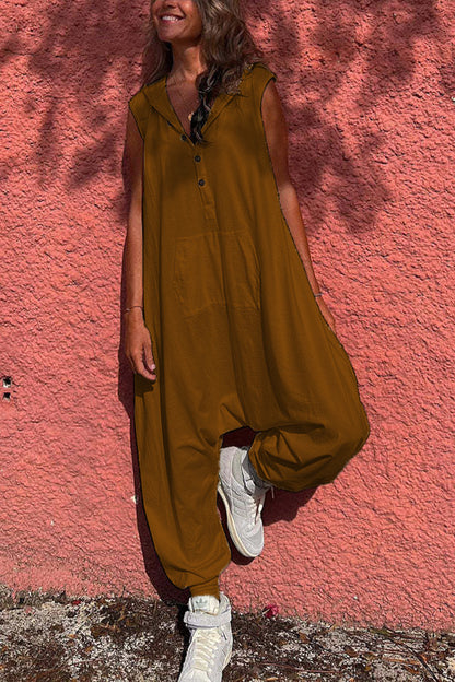 Women'S Fashion Solid Color Casual Hooded Single-Breasted Loose Jumpsuits