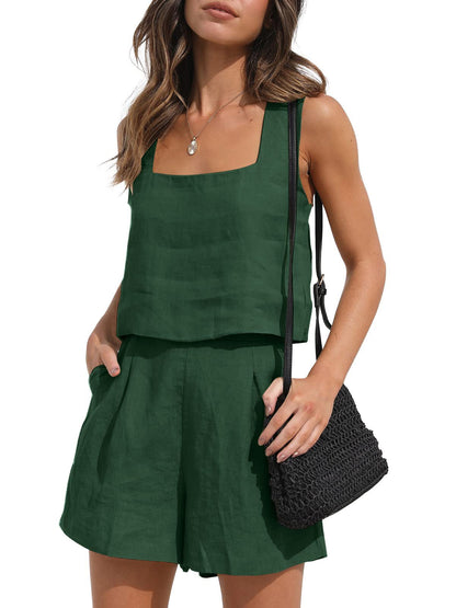 Women Summer Vacation Casual Solid Linen Tank Top And Loose Shorts Set