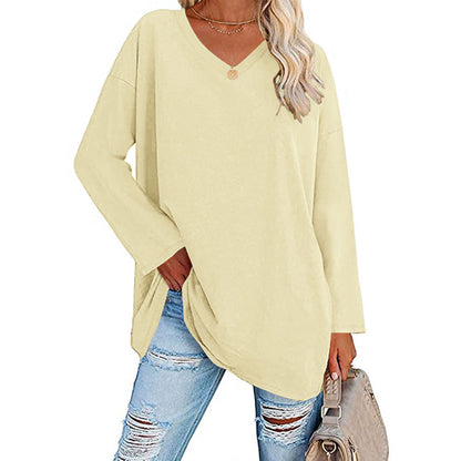 Camiseta informal de manga larga con cuello en V y color liso para mujer