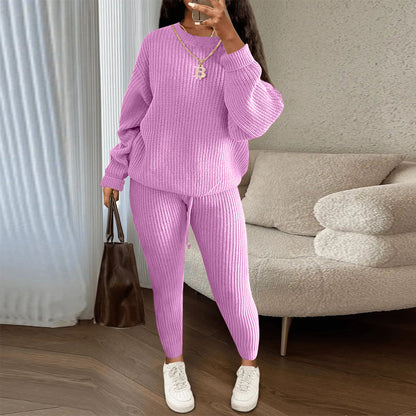 Fashion Casual Women Solid Color Knitted Long Sleeve Sweater And Pants Set