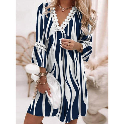 Women Elegant Bohemian V-Neck Floral Printed Lace Patchwork Casual Dress