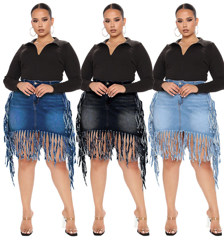 Plus Size Women Casual Solid Color Tassel Denim Skirt