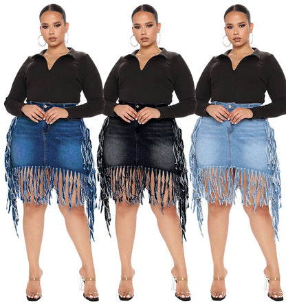 Plus Size Women Casual Solid Color Tassel Denim Skirt