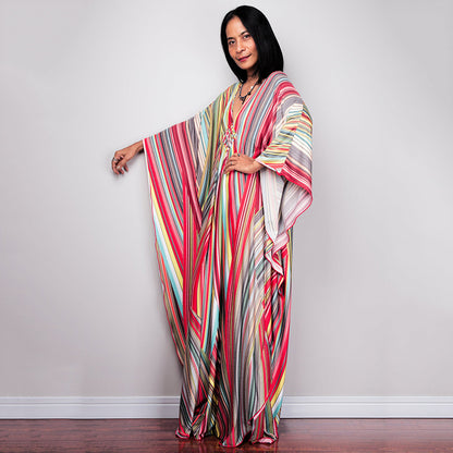 Traje de baño largo con estampado floral a rayas y protección solar para mujer