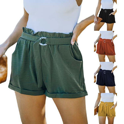 Women Loose Waist Strap Pocket Solid Color High Waist Casual Shorts
