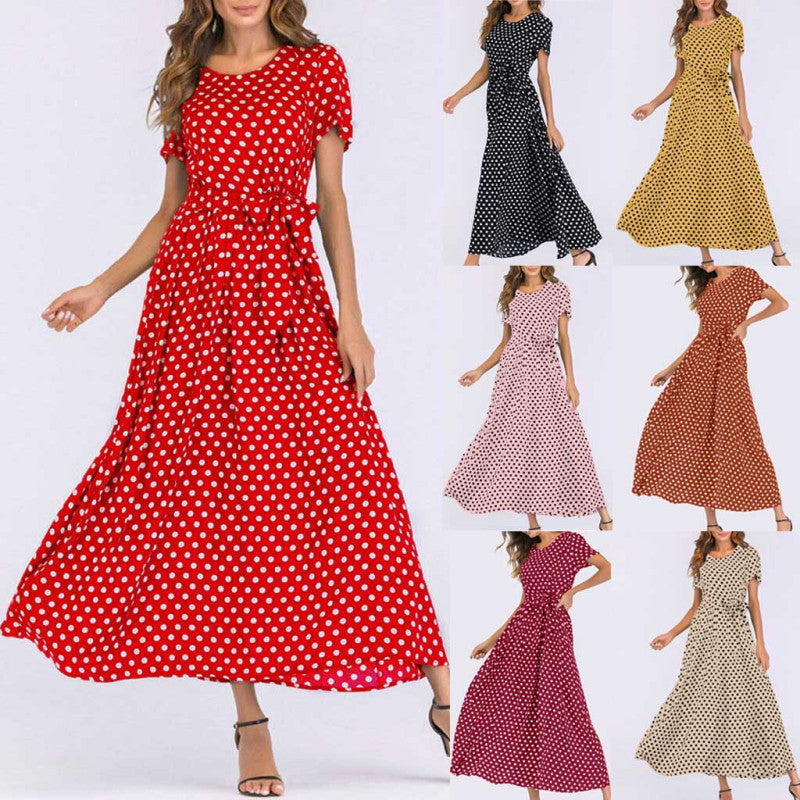Women Casual Elegant Round Neck Short-Sleeved Polka Dot Print Midi Dress