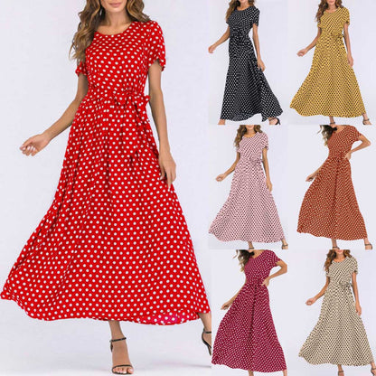 Women Casual Elegant Round Neck Short-Sleeved Polka Dot Print Midi Dress