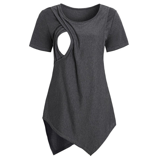 Camiseta de lactancia materna informal de manga corta con cuello redondo irregular para embarazadas