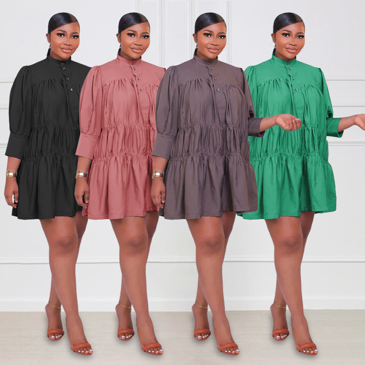 Women Simple Loose Casual Half High Neck Long Sleeve Dress