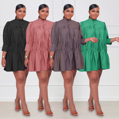 Women Simple Loose Casual Half High Neck Long Sleeve Dress