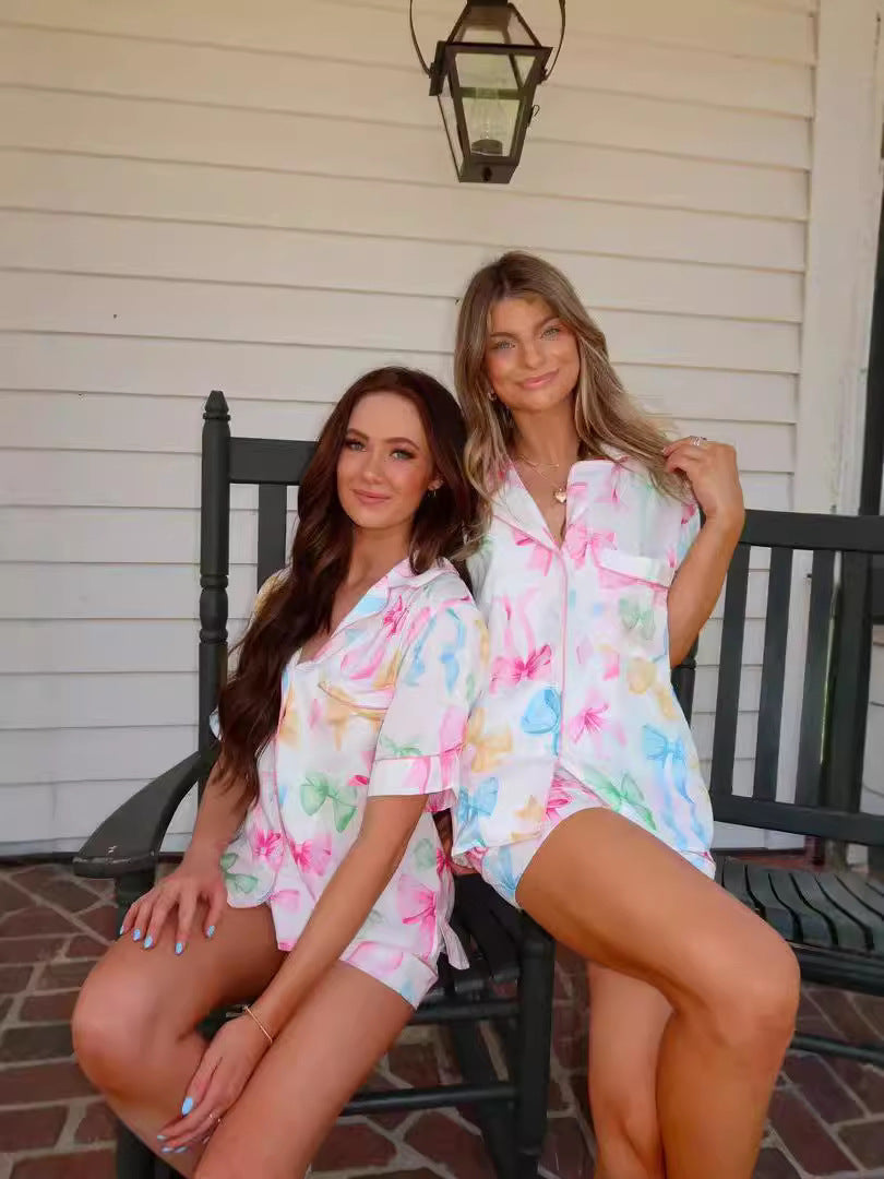 Conjunto de pijama informal de moda para mujer, con lazo multicolor, estampado de solapa, manga corta, pantalones cortos holgados
