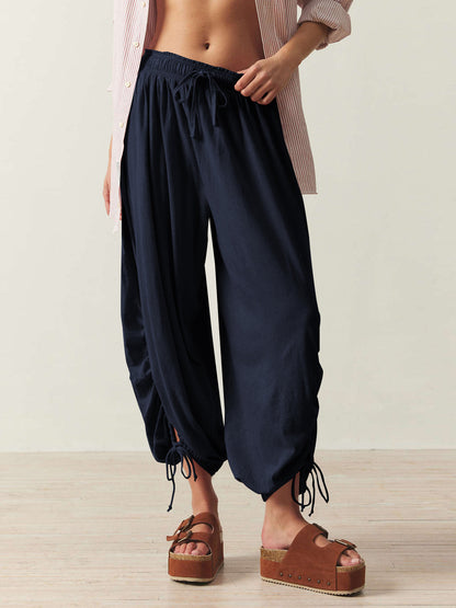 Women Casual Solid Color Drawstring Loose Pants