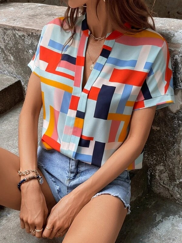 Blusas casuales de manga corta con cuello en V y estampado a cuadros para mujer