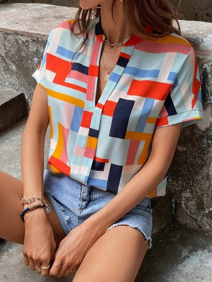 Blusas casuales de manga corta con cuello en V y estampado a cuadros para mujer