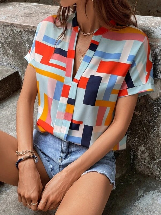 Blusas casuales de manga corta con cuello en V y estampado a cuadros para mujer