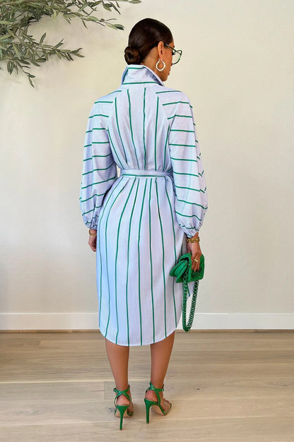 Fashion Women Stripe Print Casual Long Sleeve Lapel Shirt Dress
