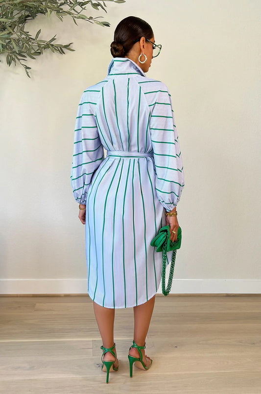 Fashion Women Stripe Print Casual Long Sleeve Lapel Shirt Dress