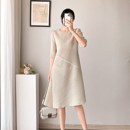 Women Fashion Minimalist Casual Soft Solid Color Round Neck Cropped Sleeve Creased Dress