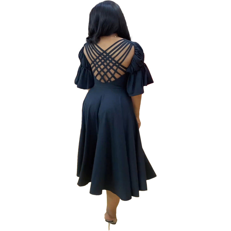 Women Casual Fashion V-Neck Ruffled Sleeves Hollow Backless Slit Swing Midi Dress