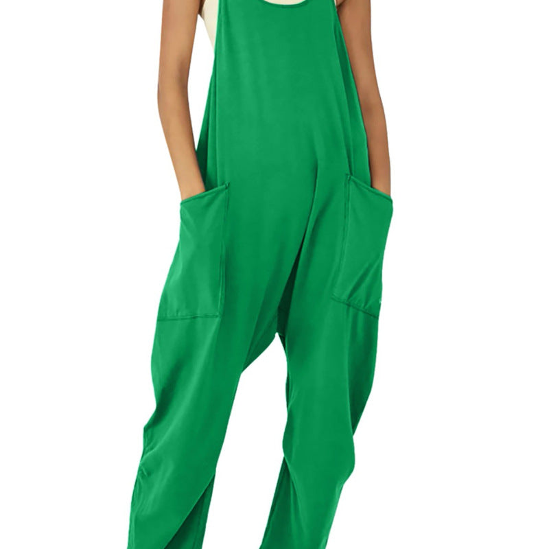 Women Fashion Casual Solid Color Pocket Suspenders Loose Jumpsuit