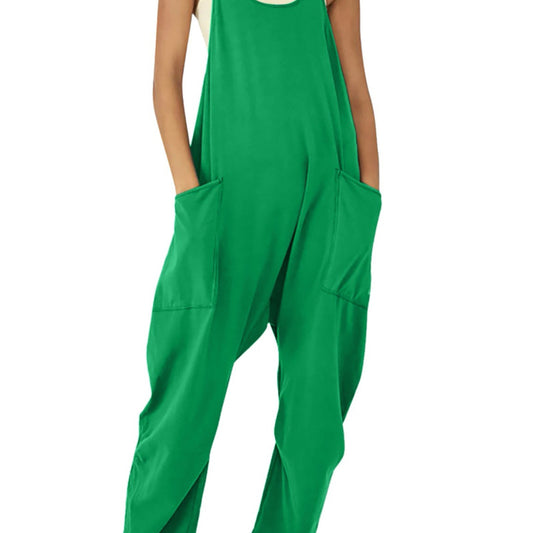 Women Fashion Casual Solid Color Pocket Suspenders Loose Jumpsuit