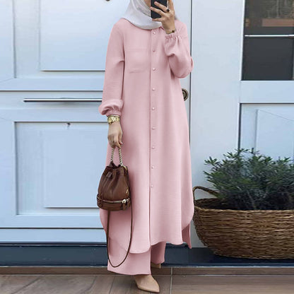 Conjunto de camisa y pantalones de manga larga abaya de color liso informal para mujer