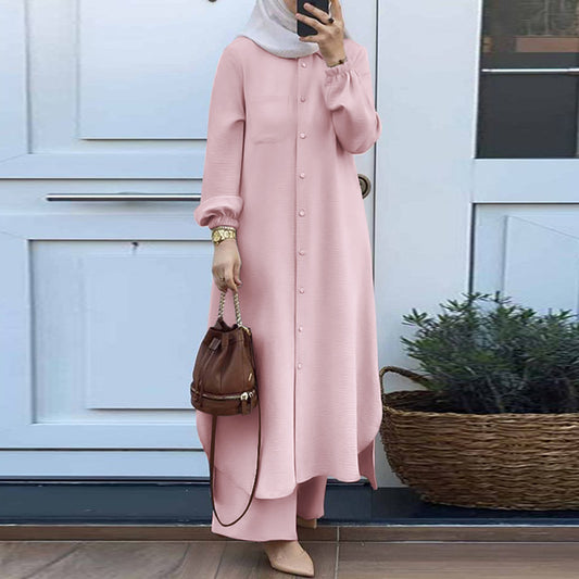 Conjunto de camisa y pantalones de manga larga abaya de color liso informal para mujer